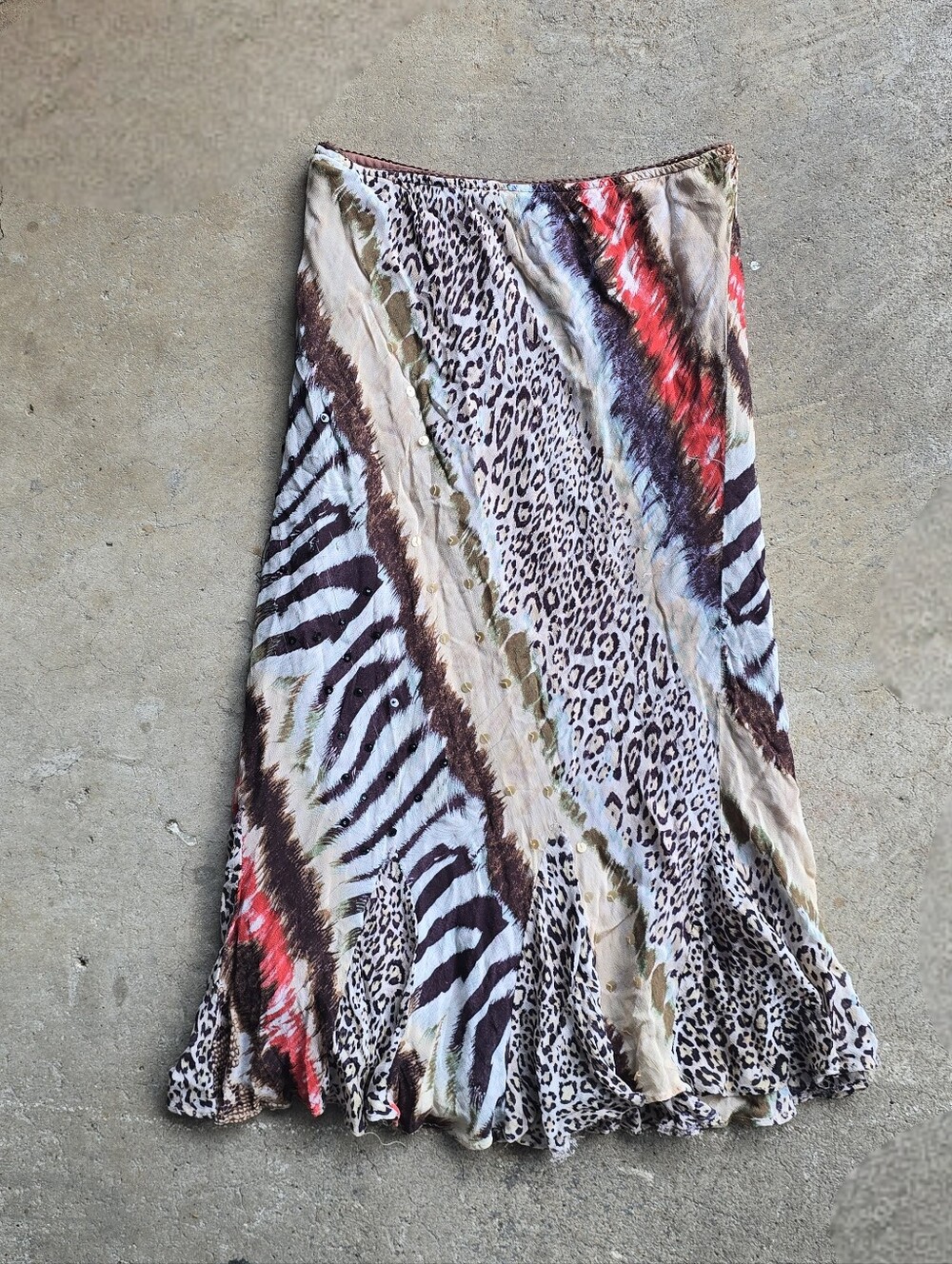Vintage Y2k 90s Lola Animal Print Patchwork Silk Beaded Boho Fairy Skirt S